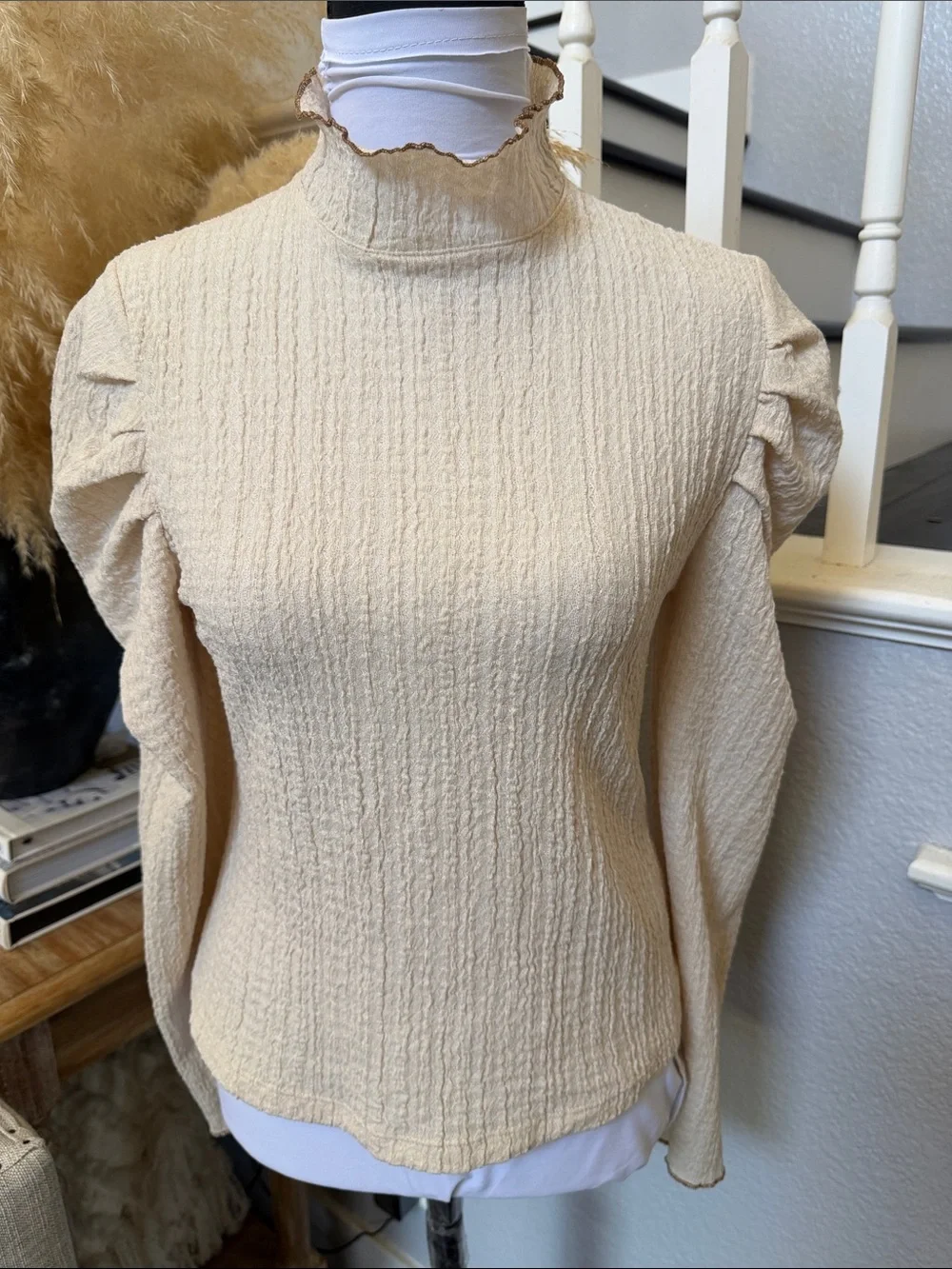 FREE PEOPLE Ela Mock Neck Puff Sleeve Blouse Beige Size Small